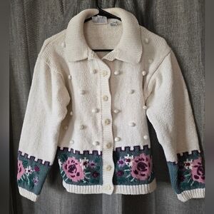 RUSS Vintage Floral Collared Cardigan 3D Polka Dots Cottage Womens Size L